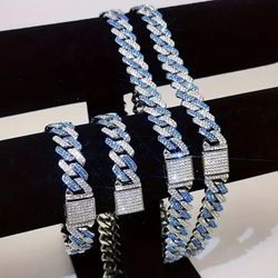 2 Pcs Fully Iced 2-Tone 14K White Gold Plated Cubic Zirconia Maimi Cuban Link 20 Inches Necklace And Bracelet Set 