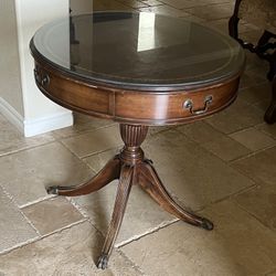 Mid-Century Mahogany Drum Table with Inlaid Leather Top and Pedestal Base with Brass Claw Feet 