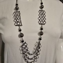 Vintage Multistrand Chain Necklace In Silver Tone with Black Clear Beads 18"
