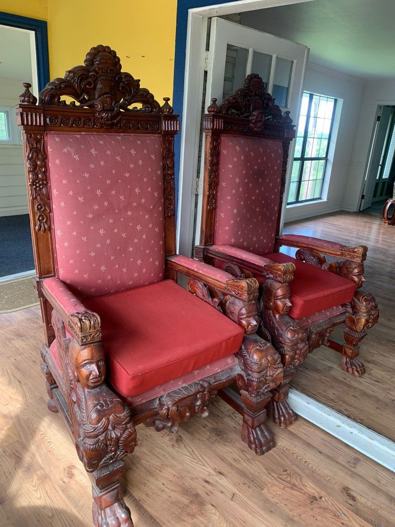 Antique Large Carved Wooden Throne Chairs, 2 Available