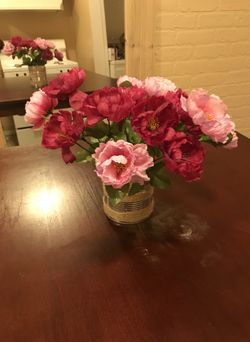Flowers and cute metal tin vase