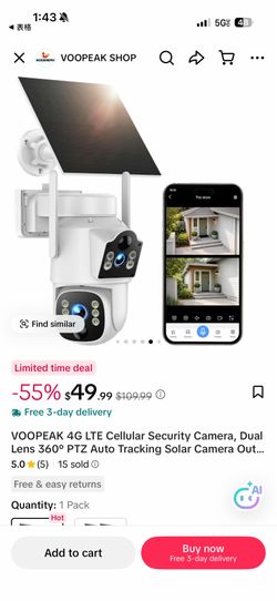 VOOPEAK 4G LTE Cellular Security Camera, Dual Lens 360° PTZ Solar Camera with Auto Tracking