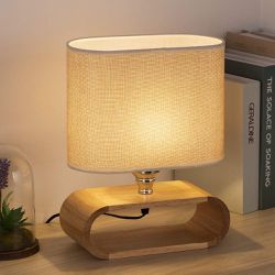 Bedside Wooden Nightstand Table Lamp with Oval Base and Fabric Shade - 12 Inches