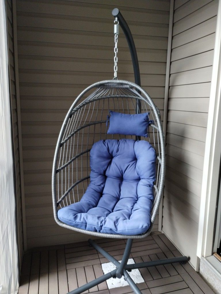 SWITTE Egg Chair Outdoor with Stand, Indoor Wicker Hanging Egg Swing Chair with Cushion, 350lbs Capacity for Patio, Bedroom, Garden - Gray