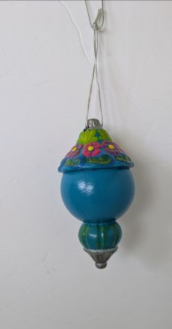 Ornament Wooden Handmade Painted Blue Floral Christmas Tree Ornament
