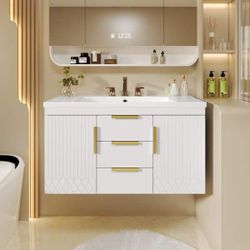 Wall Mounted White 36" Bath Vanity with White Resin Top and 2 Drawers Bathroom Storage Cabinet