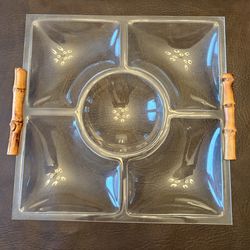 Vintage 1970s square loose site serving tray molded acrylic with real bamboo handles five section divider