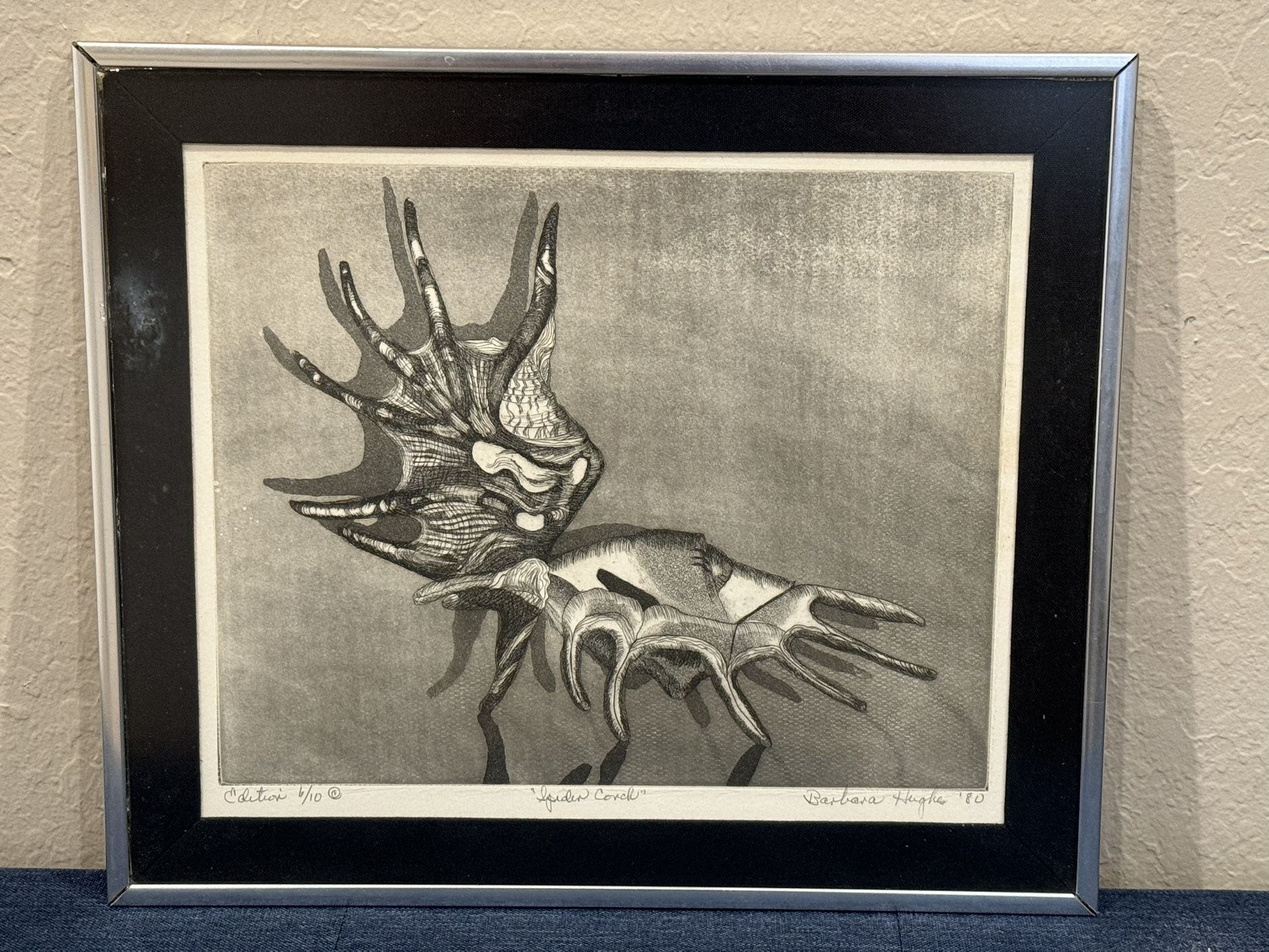 Midcentury Woodblock Print by listed Texas artist Barbara Hughes "Spider Conch"