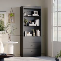 70" H 6-Tier Bookshelf with 3 Drawers, White Bookcase with 3-Tier Open Shelves, Tall Book Shelf with Storage Space, Wooden Storage Cabinet for Living 