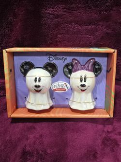 Disney Mickey Mouse And Minnie Mouse Iridescent Ghost Ceramic Salt & Pepper Shakers NWT
