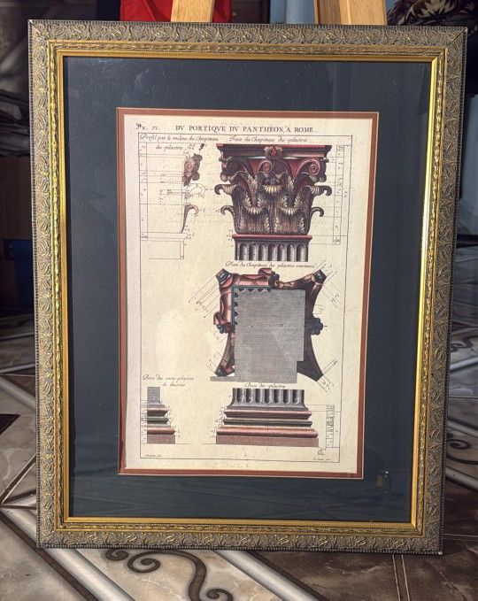 Framed print of an antique engraving of the Pantheon in Rome (20x16).