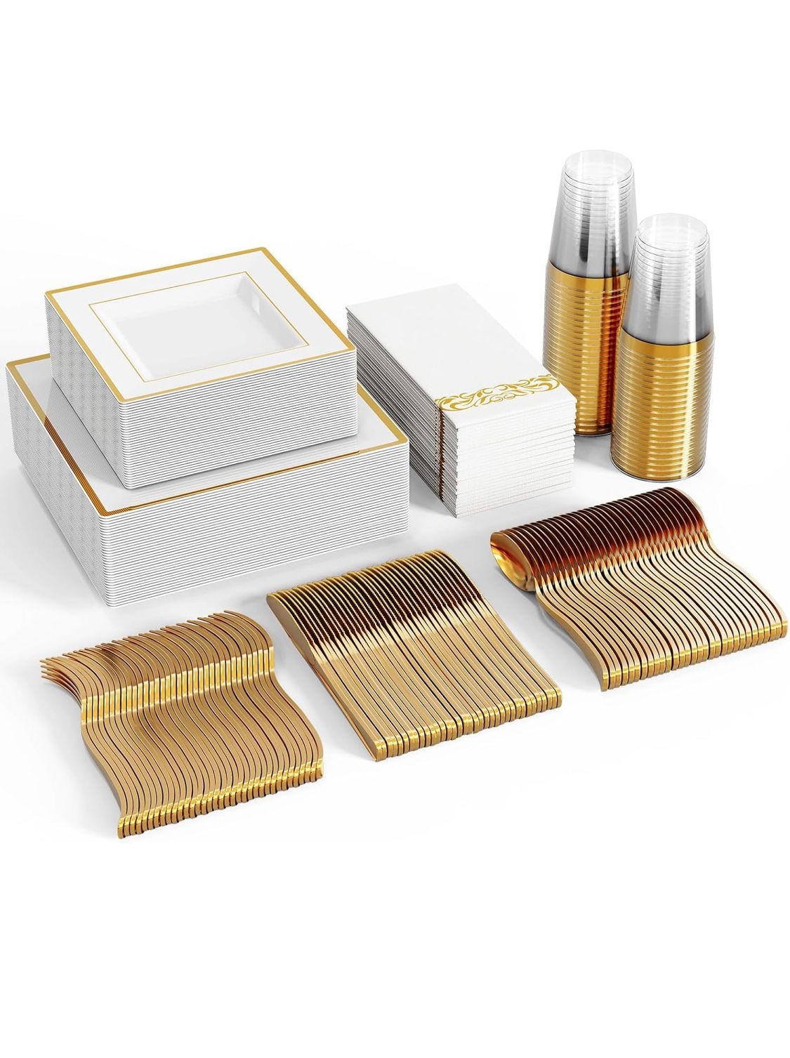 350Pcs Gold Plastic Plates - Disposable Square Gold Plates Dinnerware set include 9.5"/6" Plates,Cups,Plastic Cutlery,Hand Napkins Perfect for 50 gues