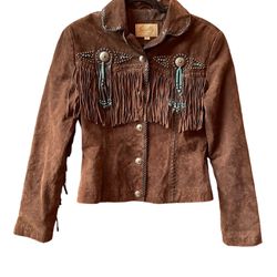 Scully Fringe & Beaded Boar Suede Leather Jacket Size:S