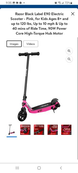 Razor Black Label E90 Electric Scooter - Pink, for Kids Ages 8+ and up to 120 lbs, Up to 10 mph & Up to 40 mins of Ride Time, 90W Power Core High-Torq