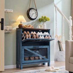 Farmhouse Shoe Cabinet, Narrow Shoe Storage Cabinet with 2 Flip Drawers & Adjustable Shelves, Industrial Wood Shoe Organizer, Rustic Shoe Rac