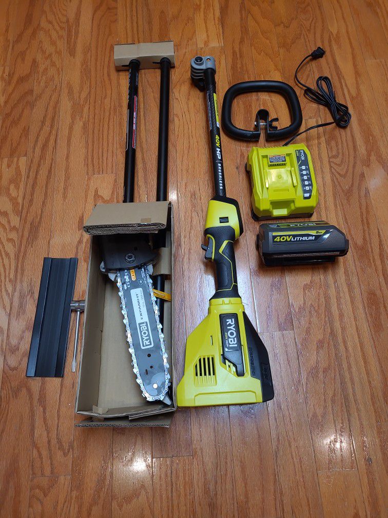 Ryobi 40V 'HP' Power Unit+Pole Saw attachment, Battery, Rapid Charger