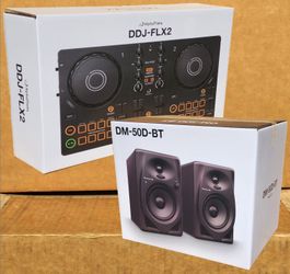 Pioneer DJ Starter Bundle DDJ-FLX2 Rekordbox Serato 2 Channel Controller 4" Powered Bluetooth Speaker Set DM-40D-BT Package 🚨 Payment Options Availab