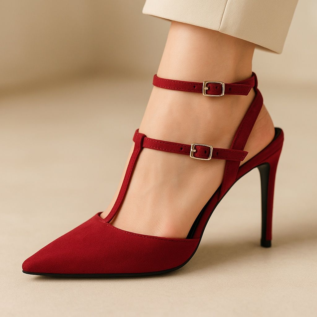 Women’s Red Suede T-Strap Ankle Slingback Heels Size 5 | New Elegant Party Shoes