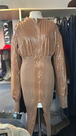 Tan Patent Leather Zip-Up Midi Dress
