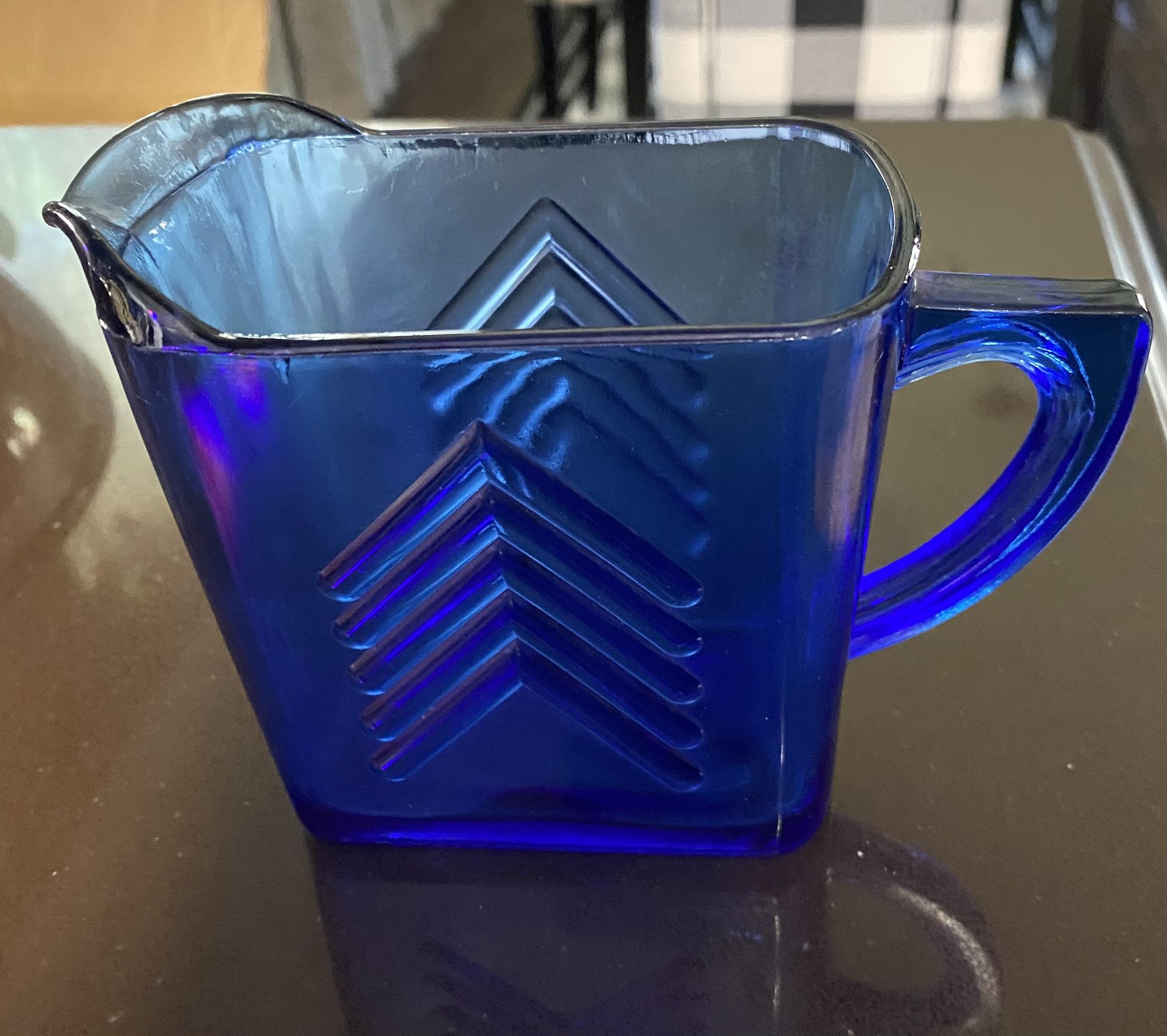 Vintage Cobalt Blue Depression Glass Creamer Pitcher Chevron Pattern