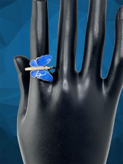 Blue butterfly diamond ring in 14k yellow gold ring