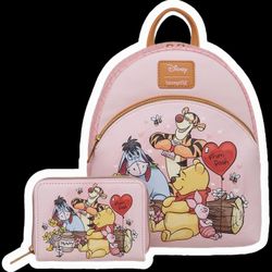 Brand New! Loungefly Disney Winnie The Pooh Valentine's Day Mini Backpack + Wallet
