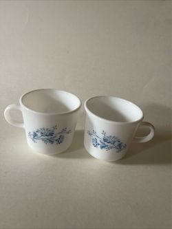 White Milk Glass Mugs with Blue Floral Pattern – Set of 2