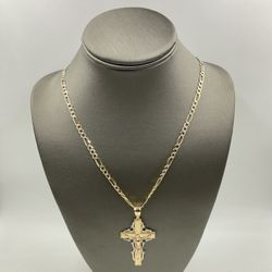 14KT YELLOW GOLD 23” DIAMOND-CUT FIGARO LINK CHAIN 4.25MM 15.8GR W/ 14KT TRI-COLOR GOLD CRUCIFIX CHARM 5.4GR