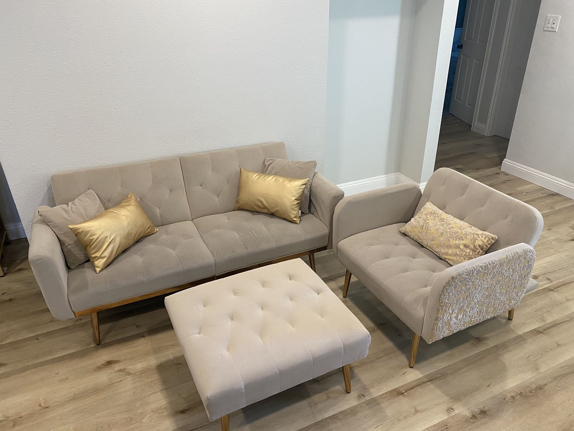 Suede Futon Couch and Accent Chair with Large Ottoman (Pillows Included) | $300 OBO