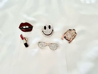 Y2K Rhinestone Pin Lot 5pcs - Smiley, Aviators, Moto Jacket, Lips, Lipstick - Bling Set