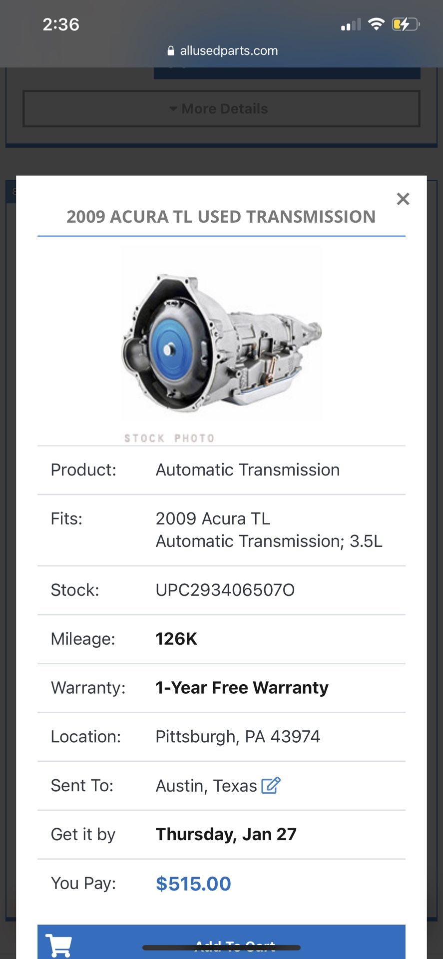 09 Acura TL  Transmission 