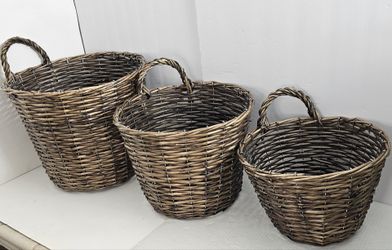 Set of 3 Rattan Wicker Woven Baskets Single Handle Rustic Storage Farmhouse Decor