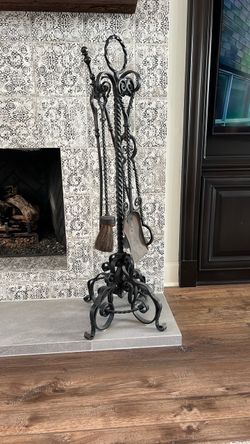 Vintage Spanish Revival style hand-forged wrought iron fireplace tool set