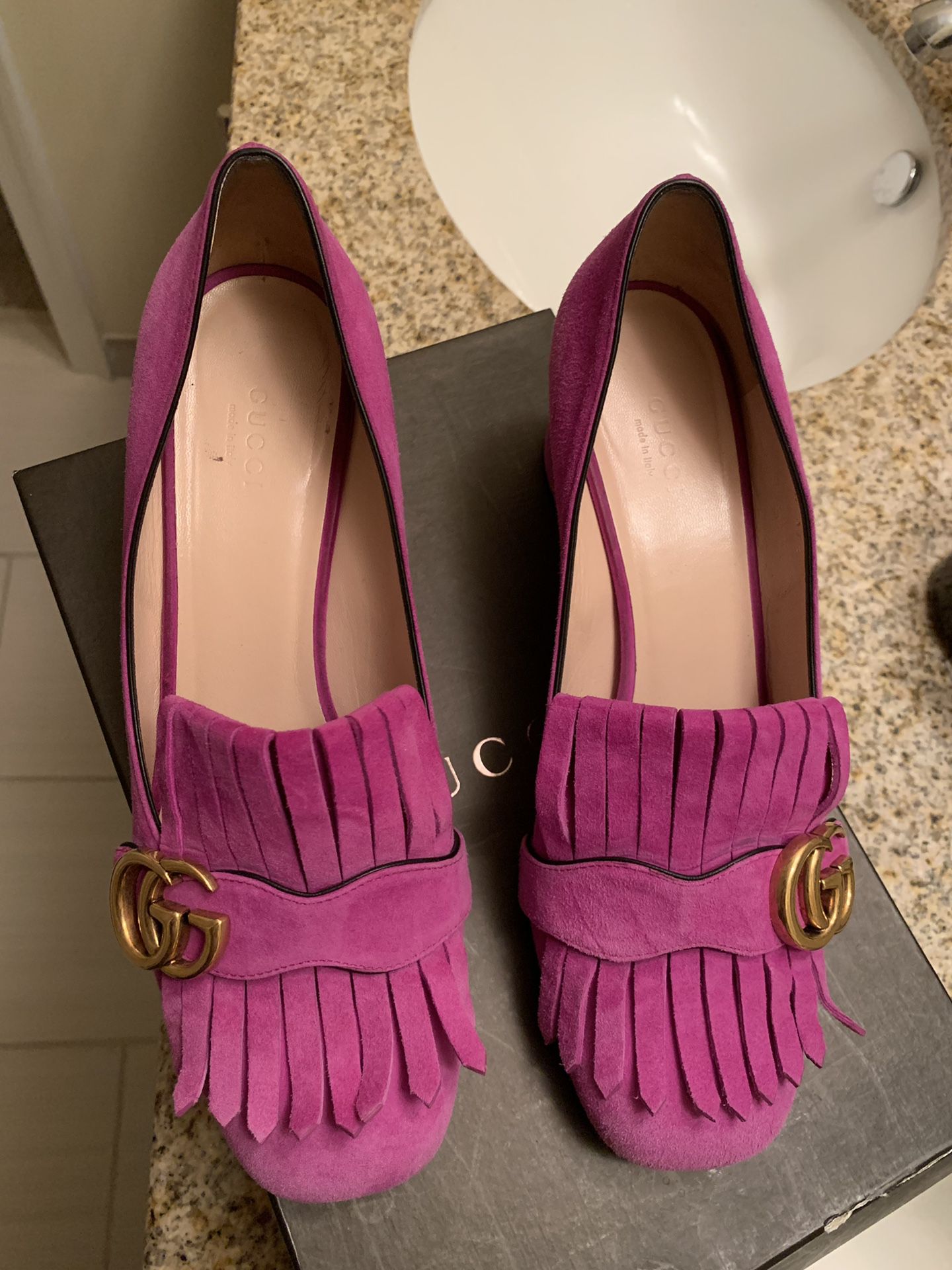 Gucci marmount fringe block heels