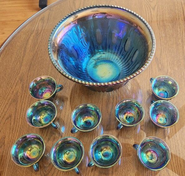 VINTAGE INDIANA GLASS IRIDESCENT BLUE Harvest Carnival Glass Punch BOWL SET