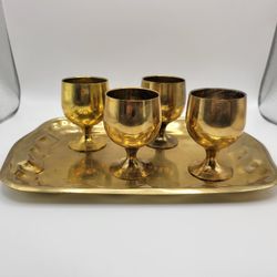 Vintage Brass 5 Piece Serving Set Made In India 8" Tray & 4 Goblets 2.5"