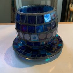 Stained Glass Mosaic Candle Holder With Matching Tray - Blue Home Decor 