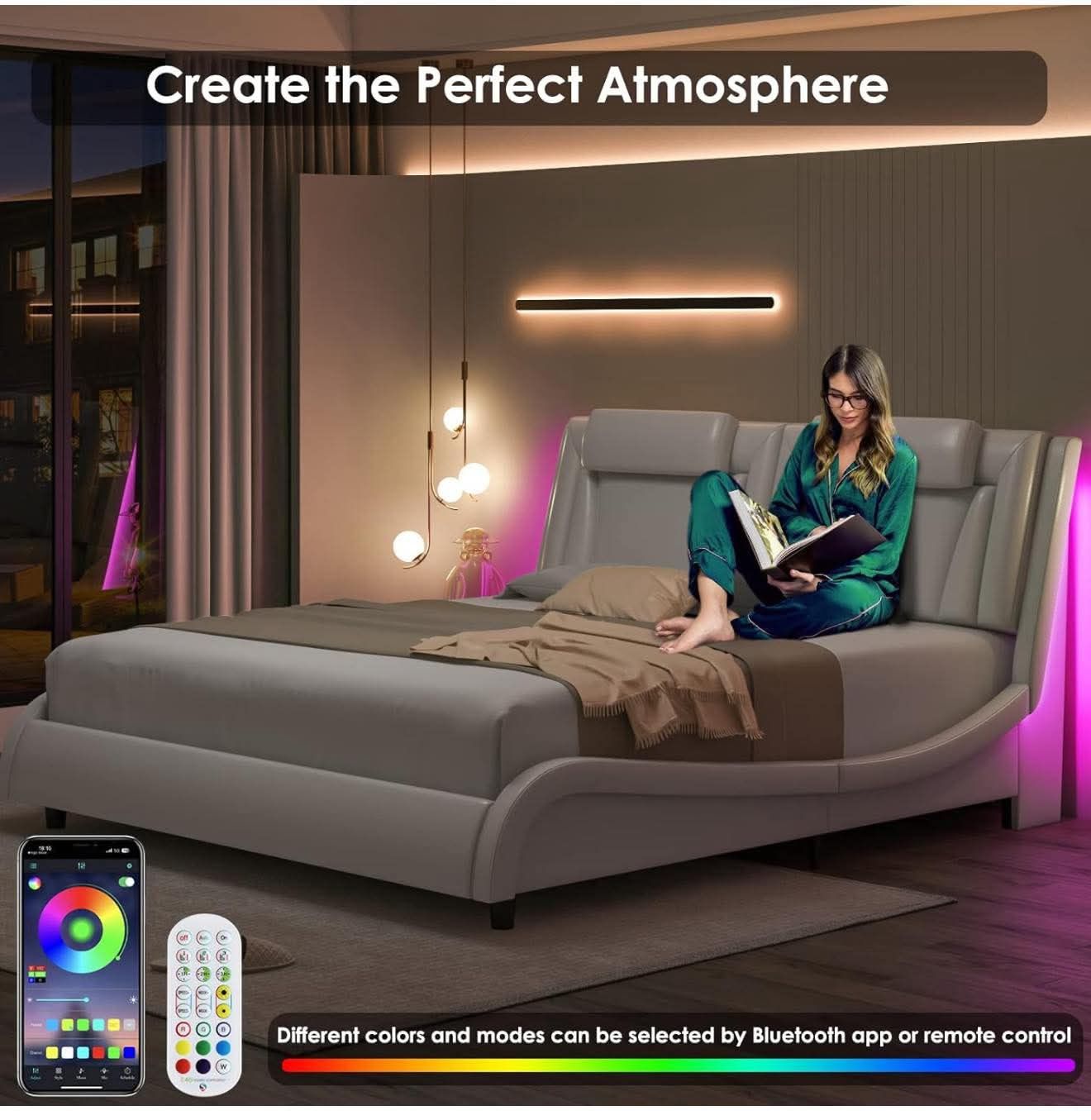 Upholstered King Bed Frame with Solid Support, White with Adjustable LED S-63