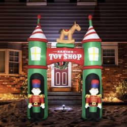 9.8Ft Lighted Christmas Inflatable Archway with Nutcracker Soldier & Rocking Horse,Merry Christmas Santa's Toy Shop Arch Blow-up Yard Decoration Built