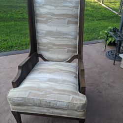 Mid-Century Style High-Backed Upholstered Chair with Cane Sides