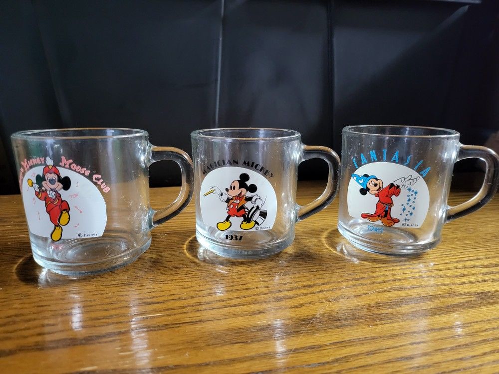 Three Vintage Disney Mickey Mouse Clear Glass Mugs
