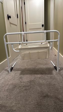 Bunk bed safety rail and storage shelf