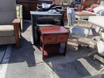 Red Wood End Table with Two Drawers