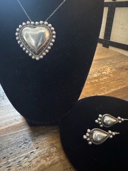 Vintage Mexican .925 Sterling Silver Heart Brooch Pendant and Teardrop Earring Set