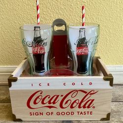 Set of 2 Coca-Cola  Glasses, Coasters, Wood Crate,  Straws, and Bottle Opener