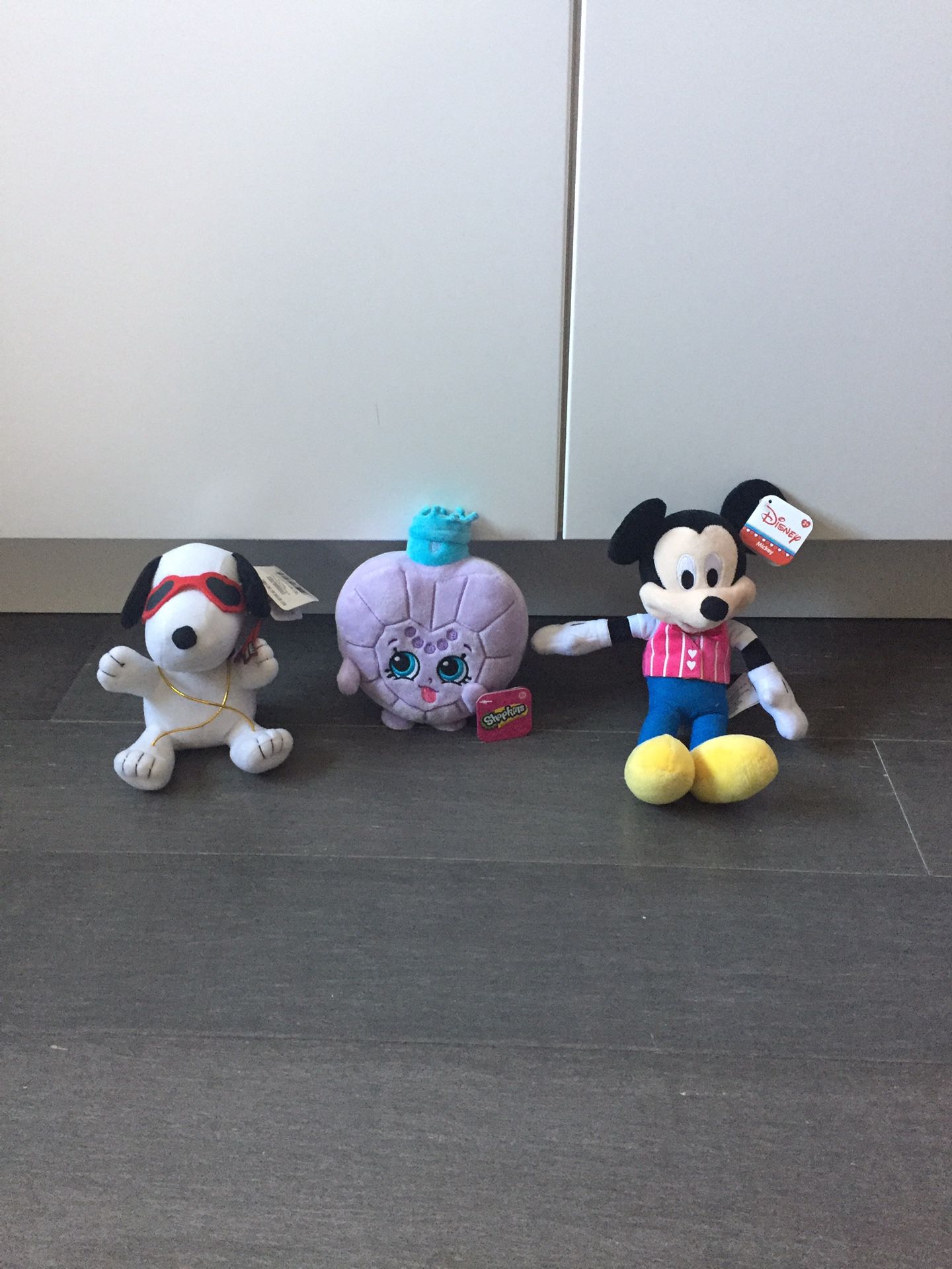 Snoopy, Mickey and Shopkins plush toys