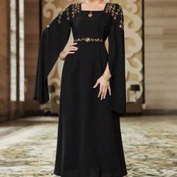 Rhinestone Decor Cloak Sleeve Kaftan, Modest