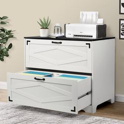 2 Drawer Farmhouse File Cabinet, Wood Lateral Filing Cabinet for Home Office, Large File Storage Printer Stand for A4/A3 Size Files, with Anti-tilt Me