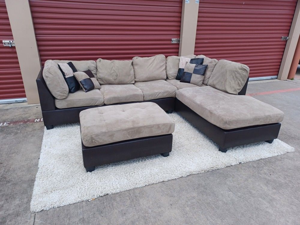 Free Delivery 🚚 Brown Suede And Leather Sectional Sofa With Ottoman 