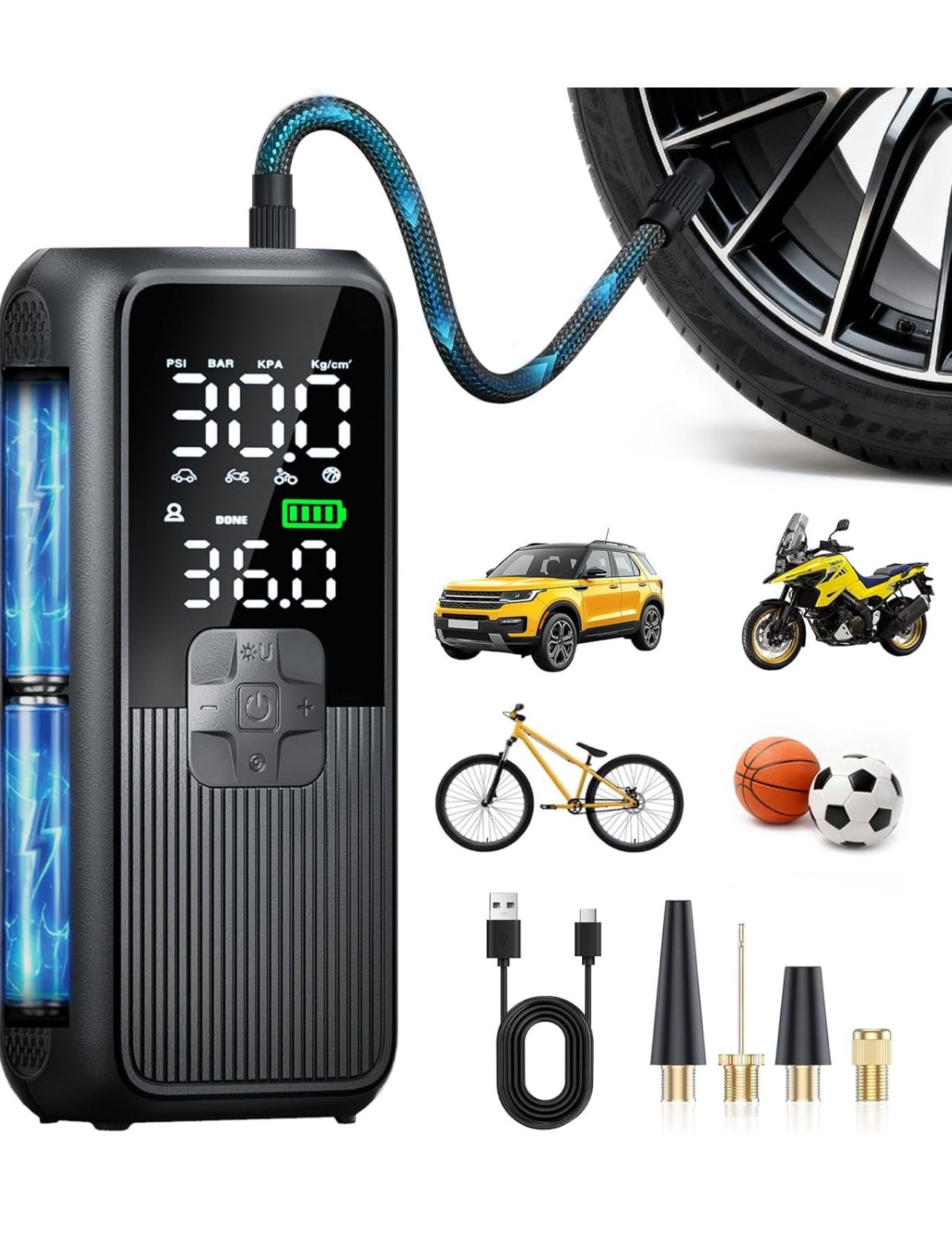 Brandnew Tire Inflator Portable Air Compressor, Electric Air Pump for Car, Motorcycle, Bike, Balls with Tires Pressure Gauge, 150PSI Air Compressor Po